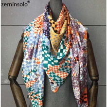 Саржевый шелковый шарф, Женская шаль в клетку с принтом, Echarpe Fourlard Femme, квадратные женские шарфы, банданы Bufandas Mujer 130*130 см