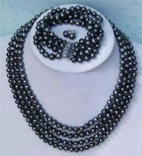 

free shipping 07867 4rows black pearl necklace bracelet earring sets (A0423)