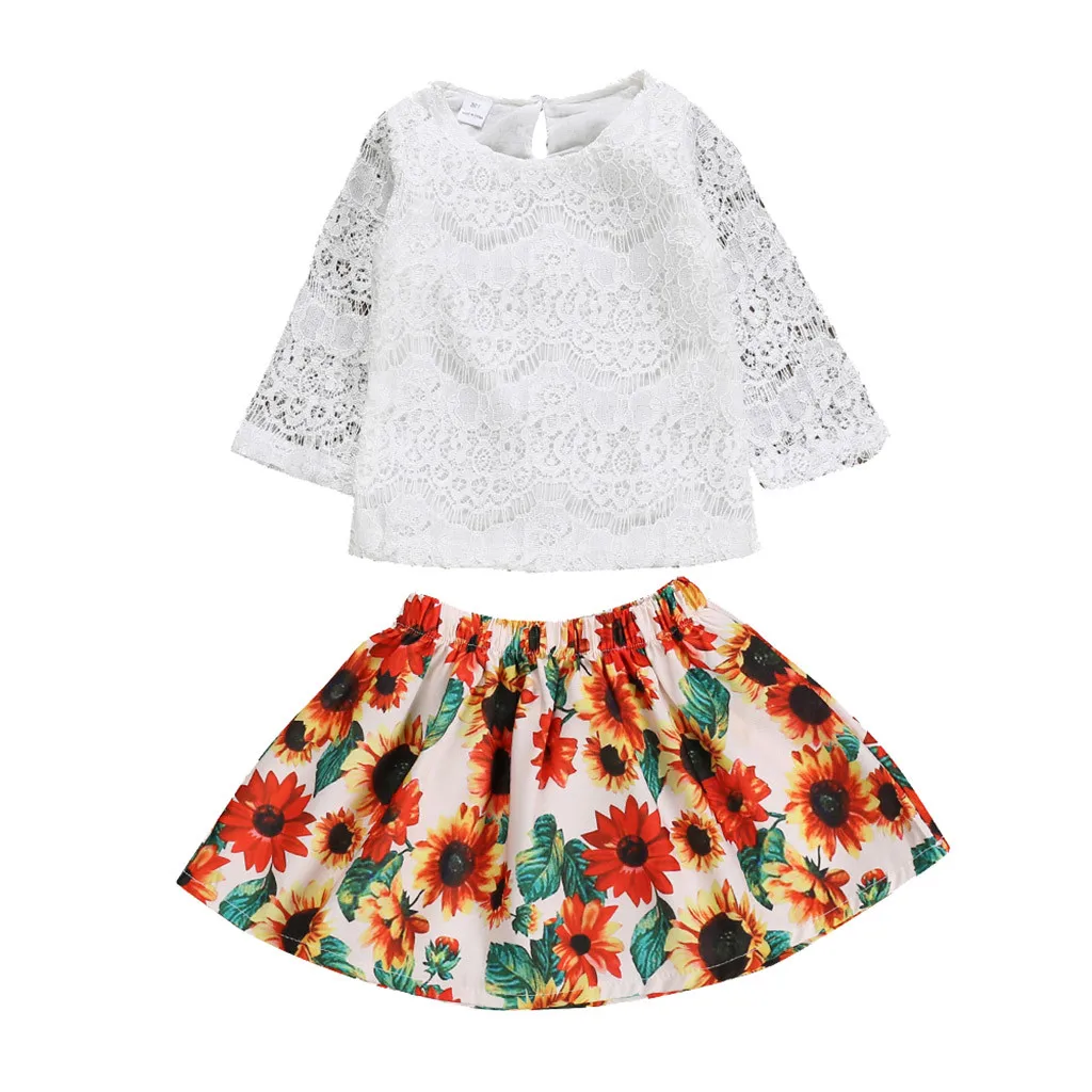 

unflower Print Toddler Baby Girls Clothes Set Solid Print Lace Tops+Sunflower Print Skirts Outfits baby girl Clothes Sets