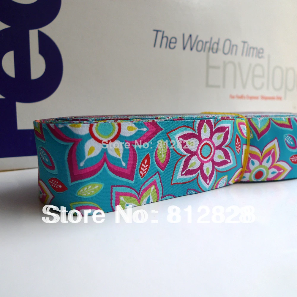

1-1/2'' 38mm Wide Aqua Spring Flowers Multi Tone Camera Strap Jacquard Ribbon