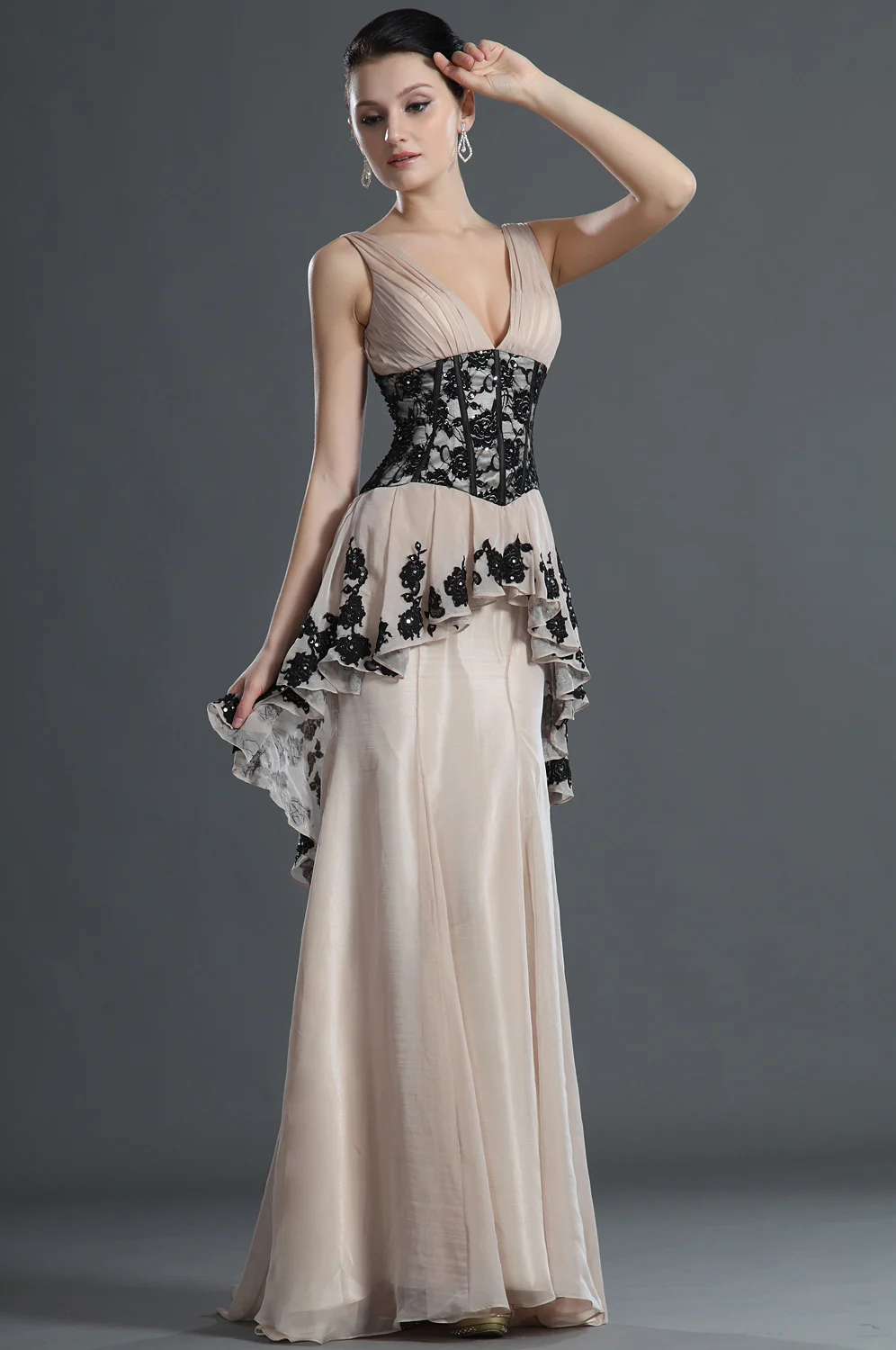 Tank-A-Line-V-neckline-Sweep-Train-Champagne-Chiffon-Black-Lace-Women-s-Formal-Evening-Dress (4)