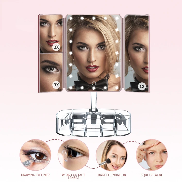  Tri-fold desktop LED makeup mirror Touch dimming on both sides / 2 times 3 times Princess mirror ta
