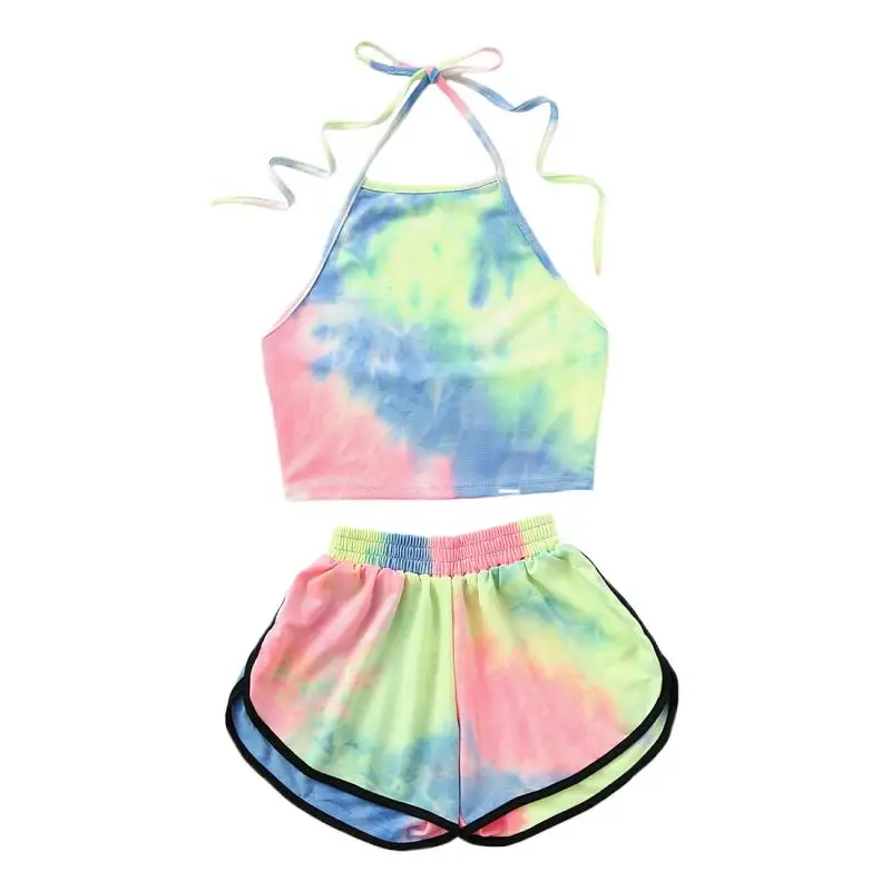 

New Summer Women Bikini 2 Pcs Set Halter Blooming Color Crop Top With Shorts sweet girl ladies Holiday Beach Wear suit