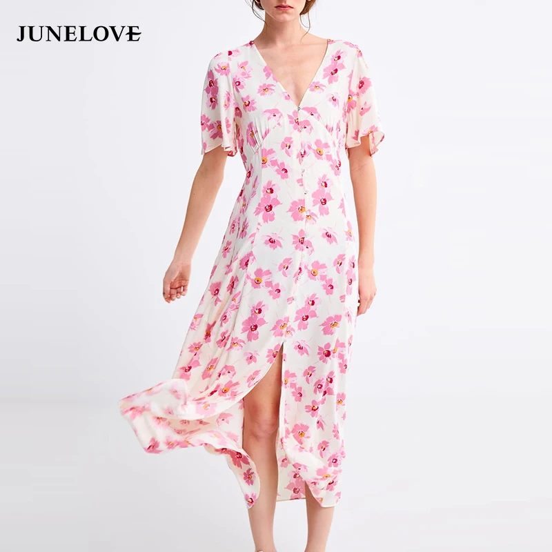 

JuneLove Women Summer Short Flare Sleeve Boho Dress Vintage Print Floral Female Long Dress Sexy Split Lady Casual Beach Dress
