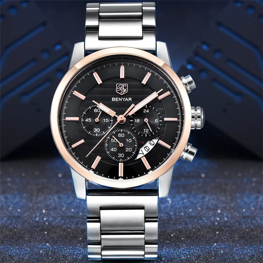 BENYAR Watches Men Chronograph Stainless Steel Calender Water Resistant Formal Wristwatches Man's Casual Male Clock Montre Homme (18)