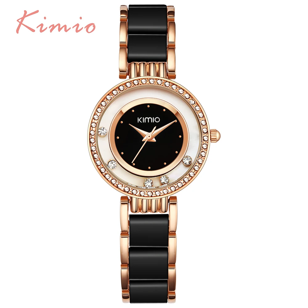 Goedkoop KIMIO Vrouwen Horloge Fashion Crystal Diamond Rolling Rhinestone Vrouwen Horloges Gouden Armband Quartz Luxe Merk Dames horloge Klok