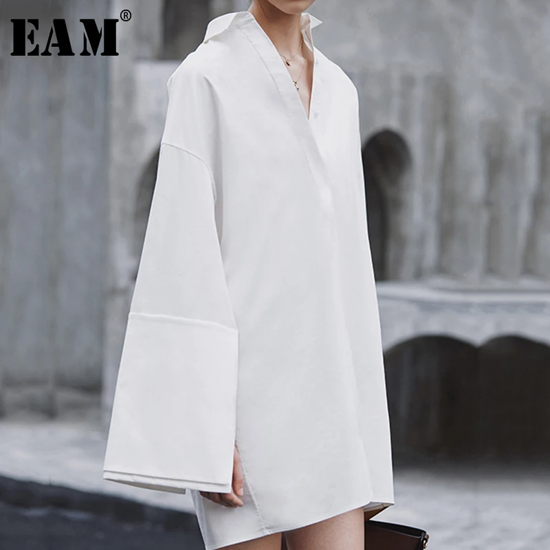 

[EAM] 2019 New Autumn Winter Turn-down Collar Long Sleeve Spliced Loose big size Temperament Dress Women Blouse Fashion JX816