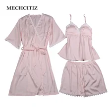 Весенние шелковые пижамы Для женщин пикантные Кружево слинг Шорты для женщин Костюм Халаты комплект из 3 предметов Пижамы для девочек женские Класс сна