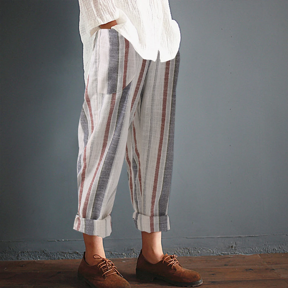 Faylisvow Summer Loose Linen Striped Harem Pants Women Big