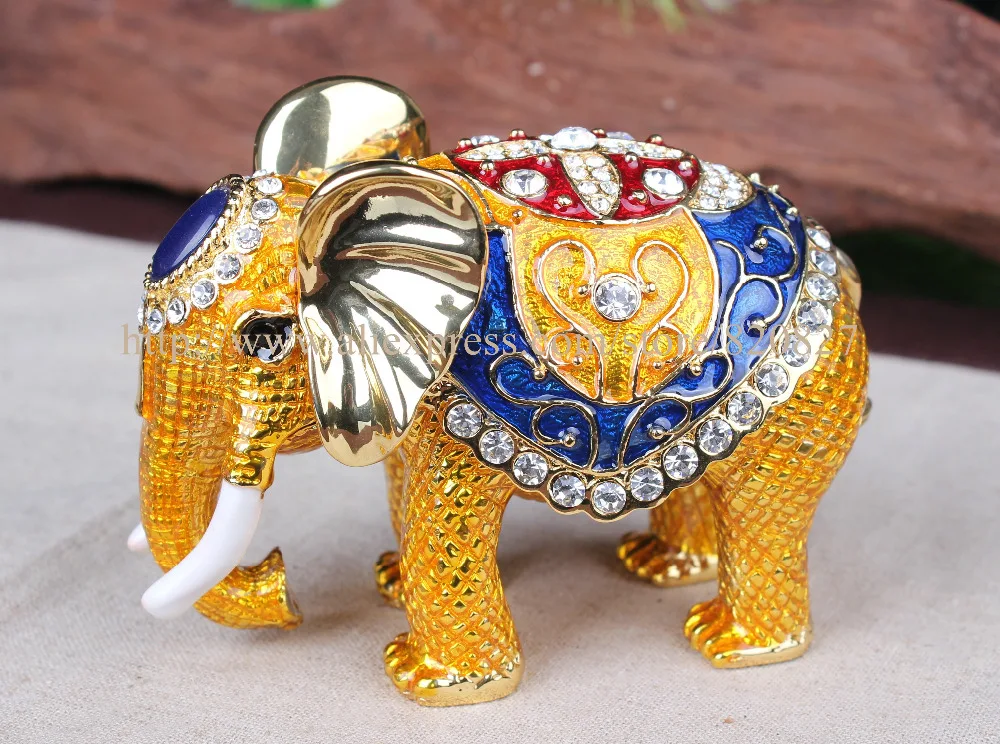 Big Elephant Crystal Studded Pewter Jewelry Trinket Box Handmade Metal