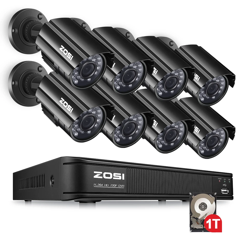 Vente ZOSI 8CH CCTV Système 1080N HDMI TVI CCTV DVR 8 pcs 720 p IR Extérieure Caméra de Sécurité 1280 TVL Caméra système de Surveillance 1 tb HDD