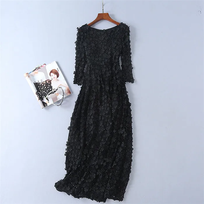 

2018 spring fashional women's black Midi dresses solid flower appliques mid-calf elegant dresses plus size xl brand style party