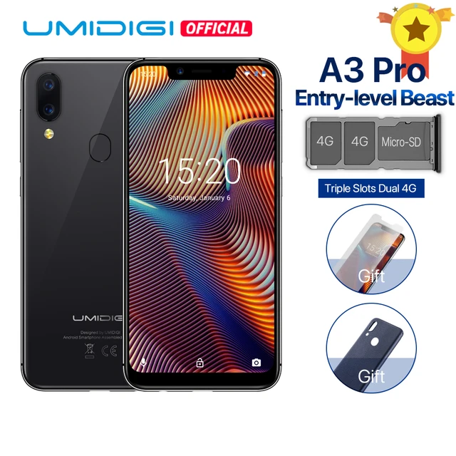 UMIDIGI A3 Pro Глобальный Band 5,7 "19:9 весь смартфон 3 GB + 32 GB Quad core Android 8,1 12MP + 5MP Face Unlock двойной 4G В наличии