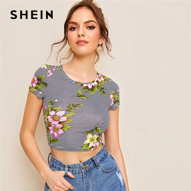 

SHEIN Multicolor Striped and Floral Slim Fitted Crop Tee Shirt Top Women Summer Cap Sleeve Round Neck Sexy Tops T-shirts
