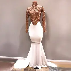 Длинные Белое выпускное платье 2019 элегантный See Through Высокая шея с длинными рукавами и золотым блесток африканский нарядные платья для