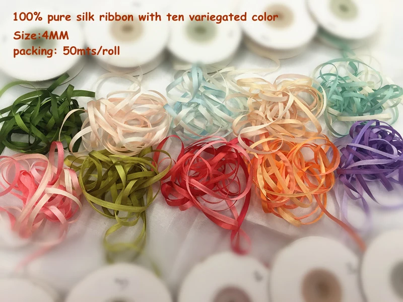 

4mm silk ribbon variegated color,100% real pure silk thin taffeta soft silk ribbons for embroidery