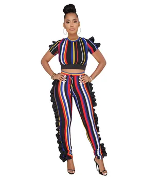 

Ruffle Striped Tracksuit Women Two Piece Sets Short Sleeve Crop Top and Pants Ladies Streetwear Fashion Leisure Suit Women Set
