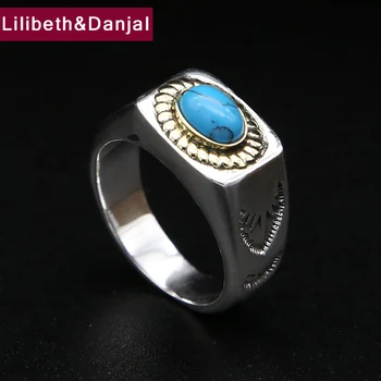 

2019 Inlaid blue turquoise Initial Ring 100% Real 925 Sterling Silver fine jewelry Men Vintage Smooth LOVE Eternity Ring R136