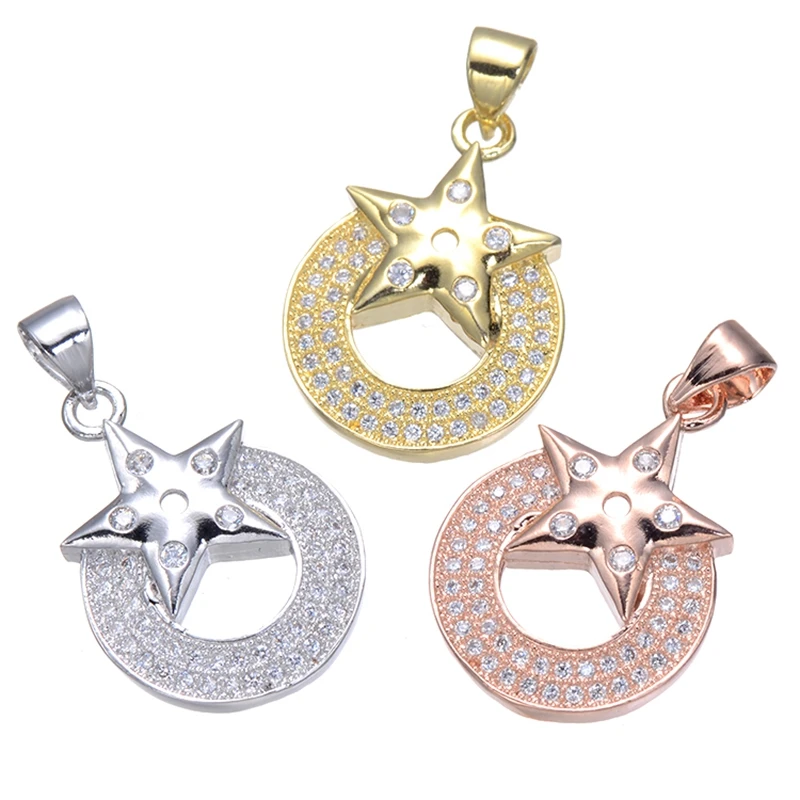 

Jewelry Making Supplies Inlaid Zirconia Rhinestone Copper Metal Round Circle with Star Charm Pendant For DIY Necklace Findings