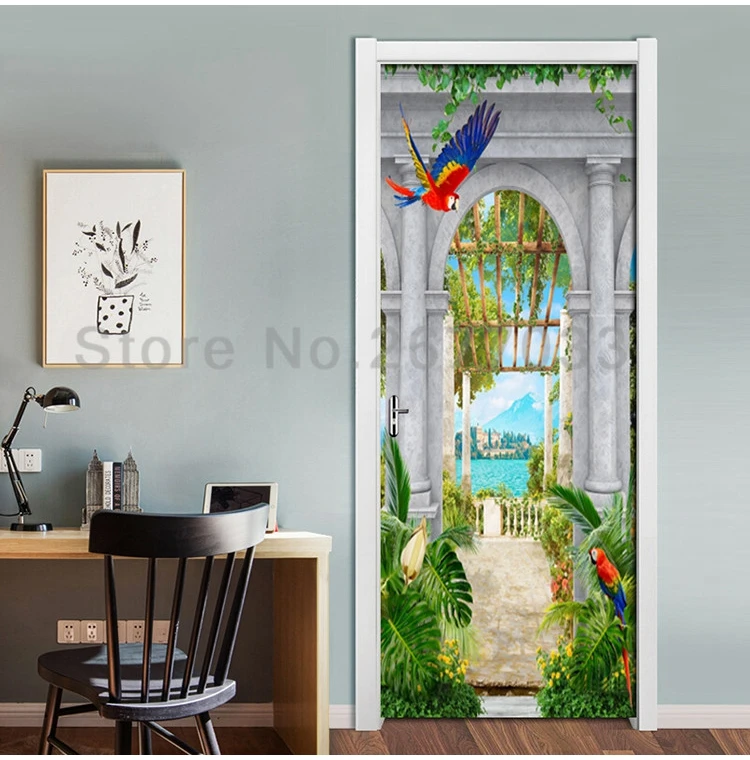 2 шт./компл. DIY двери наклейки ПВХ Водонепроницаемый самоклеящаяся сад Арки озеро 3D обои Гостиная двери декор настенные наклейки