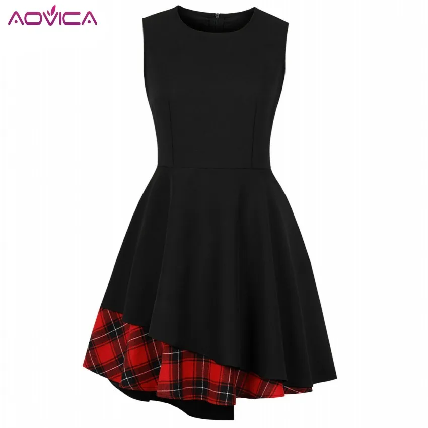 

2019 Summer Red Plaid Patchwork Black Women Vintage Dress Sleeveless High Waist Retro Feminino Vestidos Black Party Dresses Robe