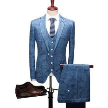 (Jacket+Pant+Vest) Fashion Printed Mens Linen Suit Slim Fit Leisure Wedding Dress Suits Man Business blazers suits (Jacket+Pant+Vest) Fashion Printed Mens Linen Suit Slim Fit Leisure Wedding Dress Suits Man Business blazers suits