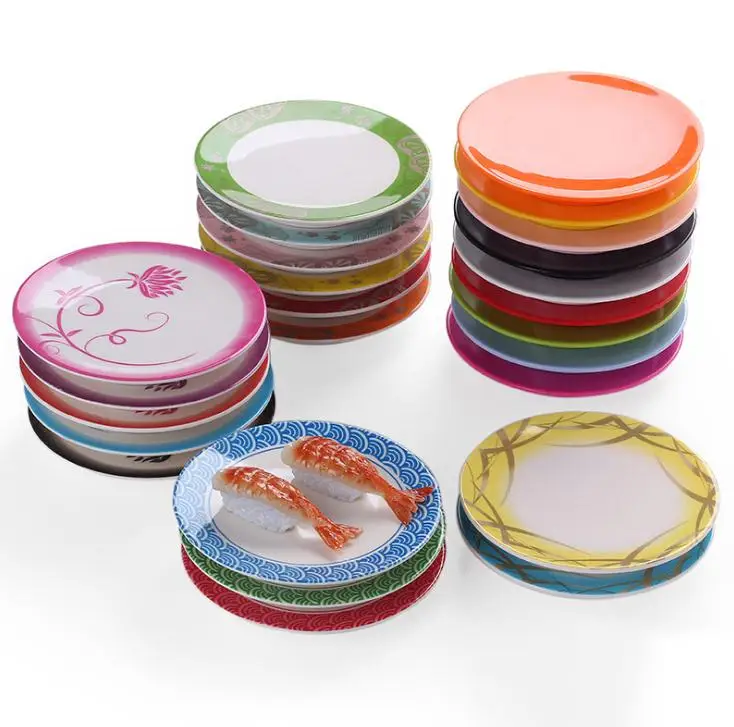 

Japan Food Sushi Melamine Dish Rotary Sushi Plate Round Colorful Conveyor Belt Sushi Serving Plates SN1865