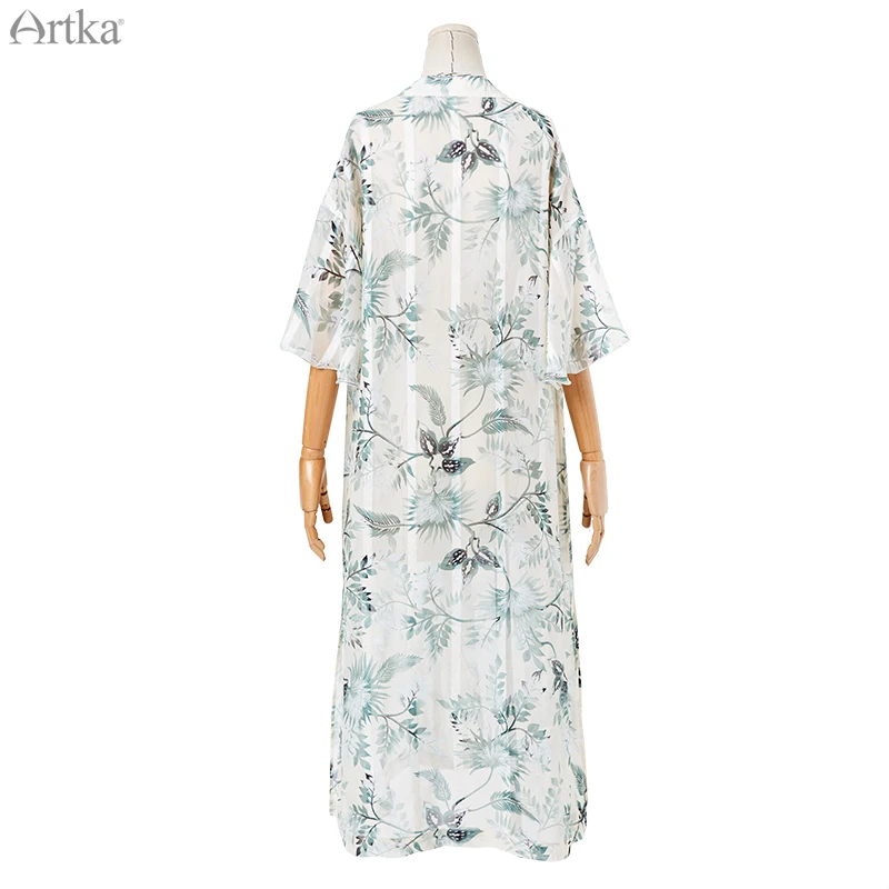 ARTKA, летнее элегантное шифоновое пальто, модное, цветочный принт, Солнцезащитная рубашка, свободная, на шнуровке, открытая стежка, длинное пальто, WA15291X