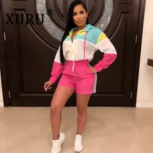 XURU Summer New Women's Contrast Patchwork Long Sleeve Jumpsuit Hooded Casual Siamese Shorts men contrast tape hooded top with shorts