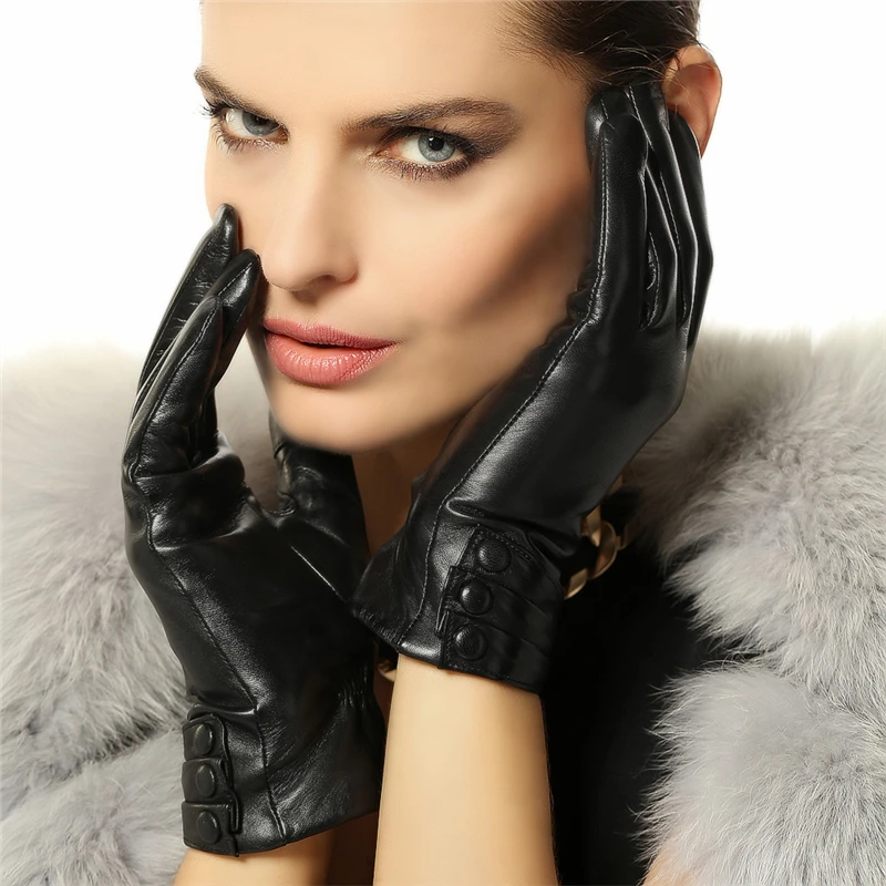 Fashion Autumn Winter Women's Genuine Leather Gloves Female 2019 New Brand Warm Velvet Black Gloves Goatskin Mittens L003NC