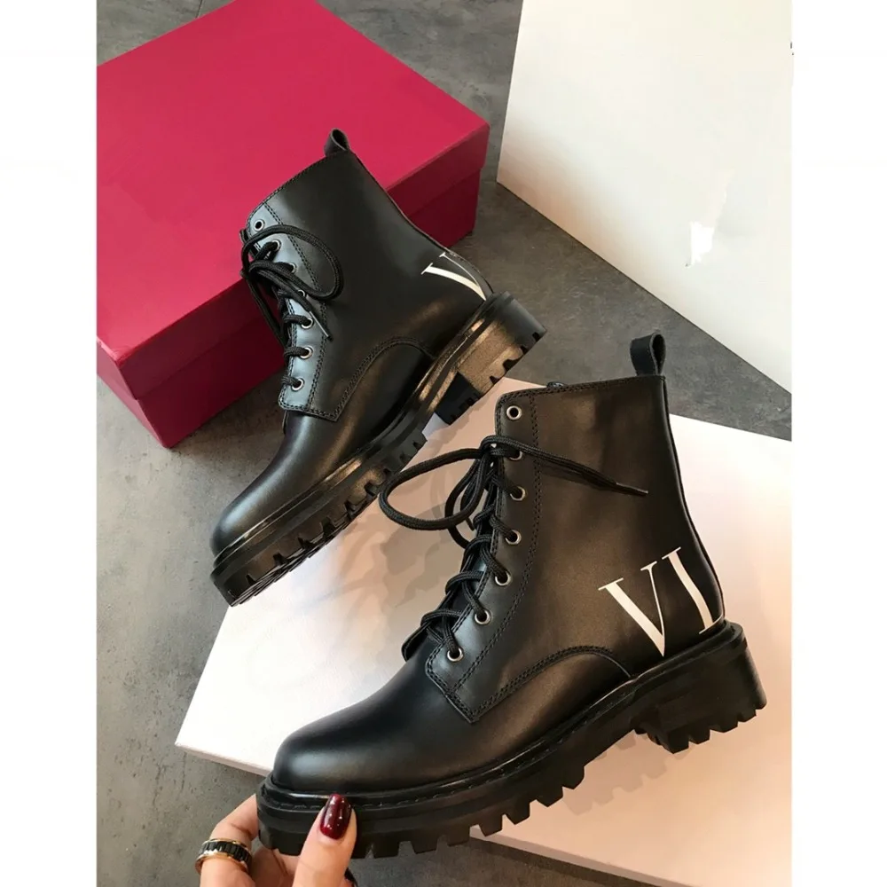 

Women's boots punk and ankle boots 2018 new autumn and winter leather lace black women's shoes ladies boots