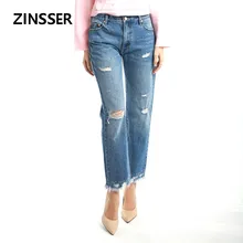 Осень-зима, женские джинсовые обычные штаны, повседневные, рваные, высокая талия, хлопок, вымытые, синие, рваные, бойфренды, женские джинсы