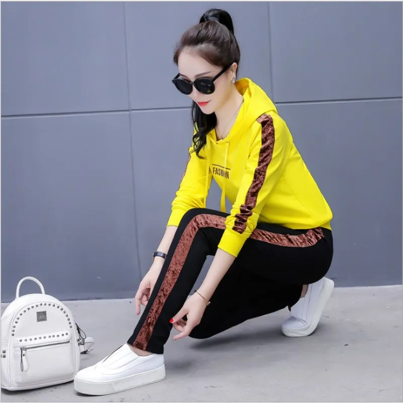 2018 Autumn Woman Tracksuit Sets Korean Female 2 pieces Yellow Sets Woman Hoodies Suit Long Sleeve Round Collar Sweater Solid Women's Sets
