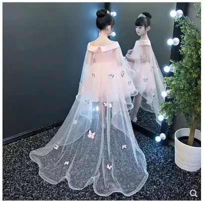 Детское платье принцессы для девочек Новая сетчатая одежда с бабочками милые бальные платья с длинным шлейфом для девочек, банкетные платья с открытыми плечами JF642 - Цвет: Розовый