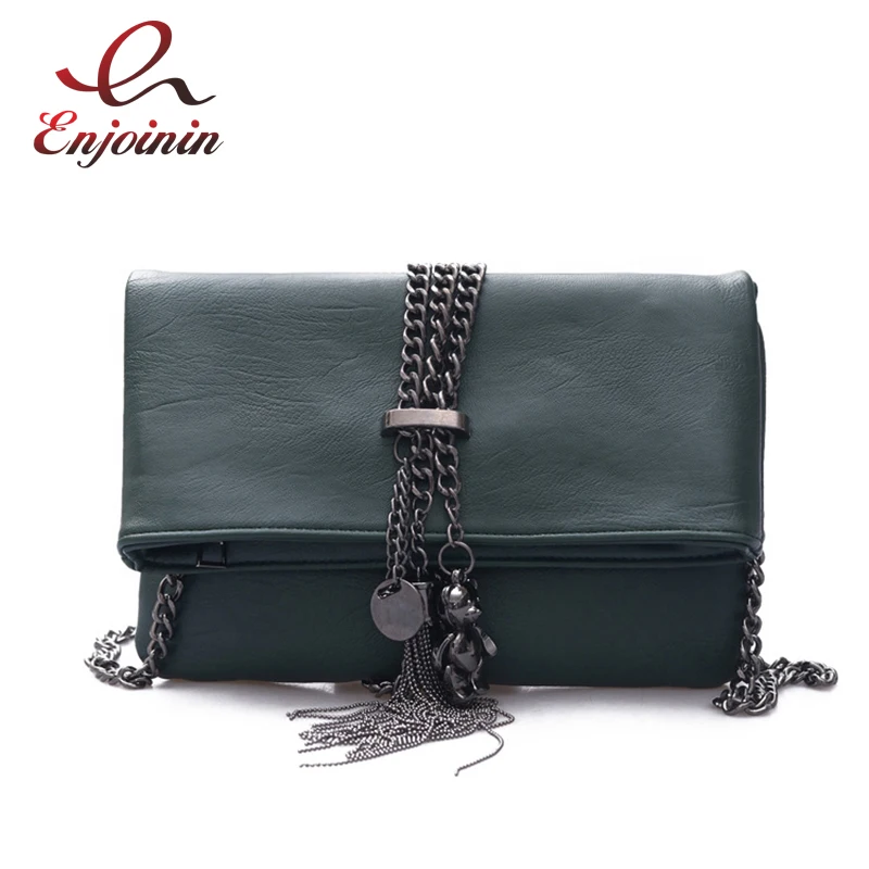 New Punk fashion metal tassel pu leather folding envelope bag clutch bag ladies shoulder bag purse crossbody messenger bag 