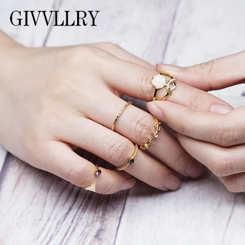 

GIVVLLRY Minimalist Midi Ring for Women Elegant Geometric Triangle Metal Leaf Circle Opal Pink Crystal Inlay Knuckle Rings Set