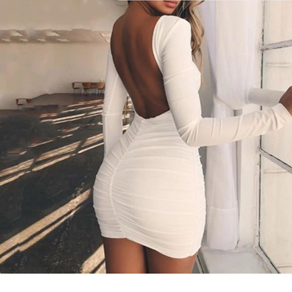 

Dress Women Sexy Long Sleeve Bodycon Low Cut Solid Black White Spring Autumn Female Casual Dress Sheath Mini Femme Women Dress