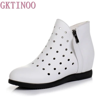 

GKTINOO Genuine Leather Hollow Women Boots Spring Summer Women's Ankle Boots Casual Soft Bottom Women Breathable White Boots
