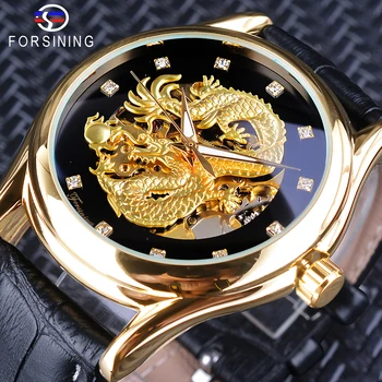 

Forsining Diamond Dragon Display Golden Skeleton Luminous Hand Men Watch Black Genuine Leather Waterproof Mechanical Watch Clock