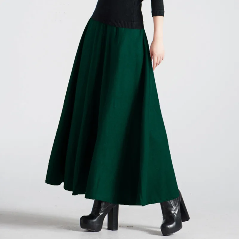 Faldas Waist Womens Gray Winter Elegant C3566 dark Pleated Woolen Green black Dark Autumn Women Red wine Long Maxi Retro High Skirt Wool Jupe a8tUnCxwq