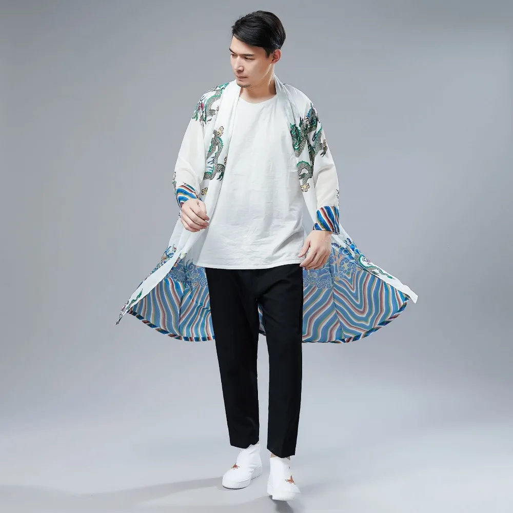 LZJN 2019 Japanese Kimono Cardigan Men Dragon Pattern Print Long Kimono Cardigan Men Thin Mens Kimono Cardigan Jacket Coat  (9)