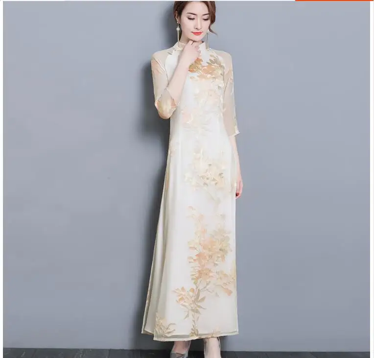 Новинка, весенне-летнее женское традиционное китайское ретро платье с принтом во Вьетнаме, ао дай