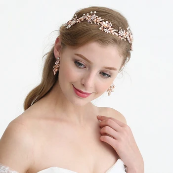 

SLBRIDAL Rose Gold Wired Rhinestones Crystal Pearls Wedding Headband Bridal Hair Vine Hair Accessories Bridesmaids Women Jewelry