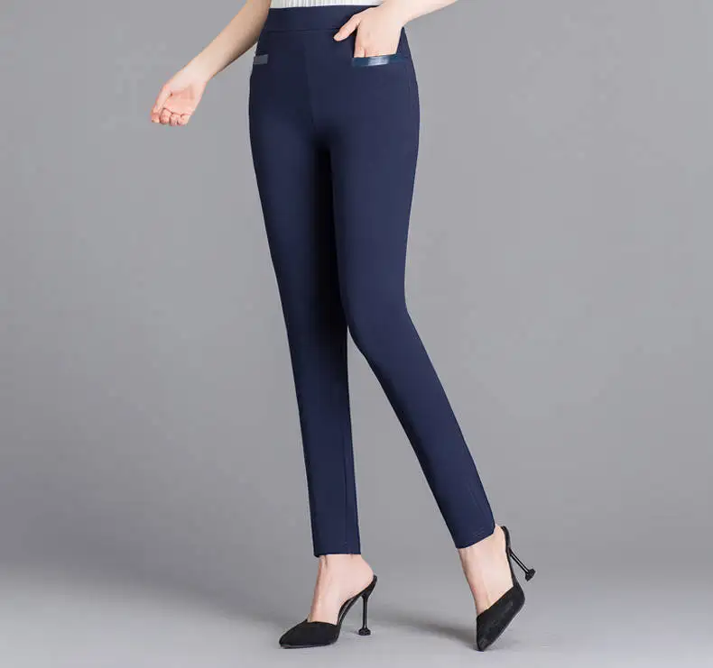 Размера плюс, женские черные брюки с карманами и высокой талией, женские эластичные обтягивающие штаны, эластичные женские брюки XXL - Цвет: Темно-синий