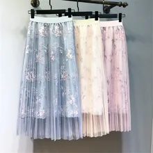 Вышитая Тюлевая юбка винтажная полупрозрачная ткань с высокой талией плиссированная юбка миди для женщин Женская Корейская линия Jupe Saias