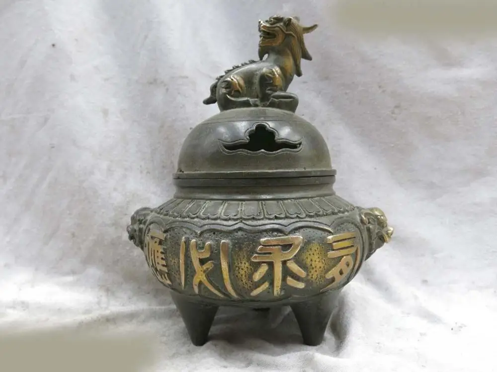 

10" Fine bronze gild censer China copper Foo Dog lion tiger incense burner ST (D0426)