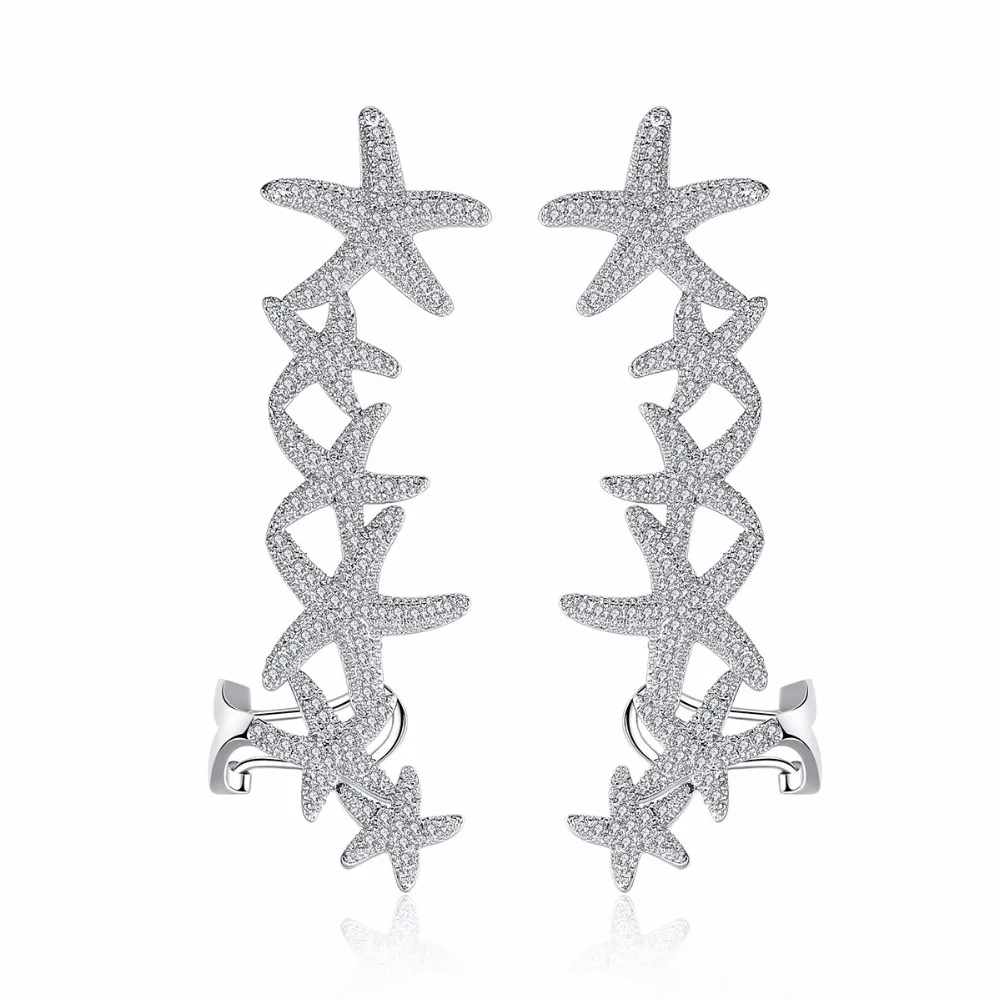 

Luxury Starfish Stud Earrings Paved Cubic Zircon Crystal 6 pcs Stars Connect Ear for Women Girl Party Jewelry Gift