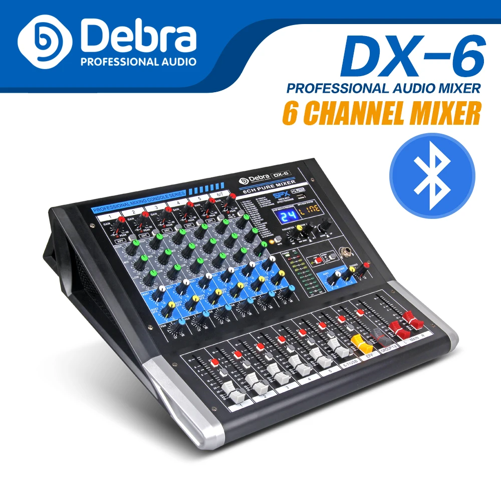 Debra Audio DX-6 6-Channel Audio Mixer dj controller Sound Board with 24 DSP Effect USB Bluetooth XLR Jack Aux Input