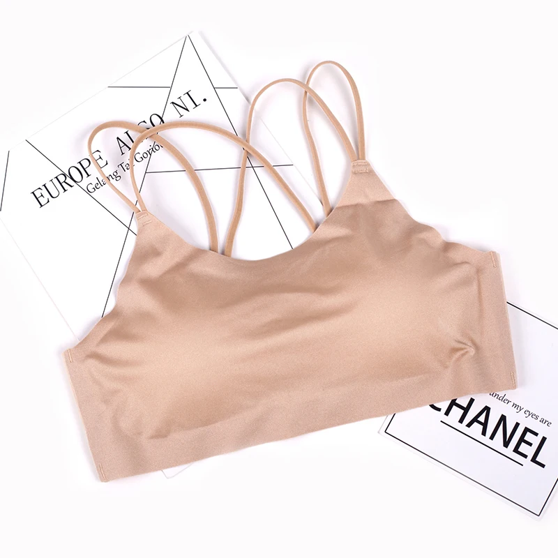 Beige Модный бесшовный топ без бретелек для девочек; красивый топ с перекрестными ремешками на груди; Спортивный Летний жилет с защитой от освещения - Цвет: Beige