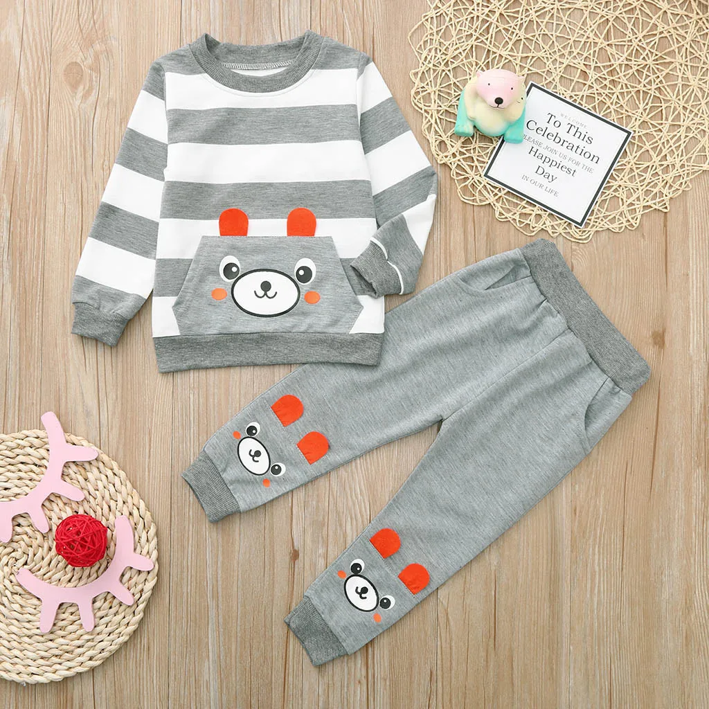 

Toddler Kids Baby Boy Cartoon Striped Bear Printed Tops Pants Outfits Set newborn baby girl clothes infant erkek bebek giyim